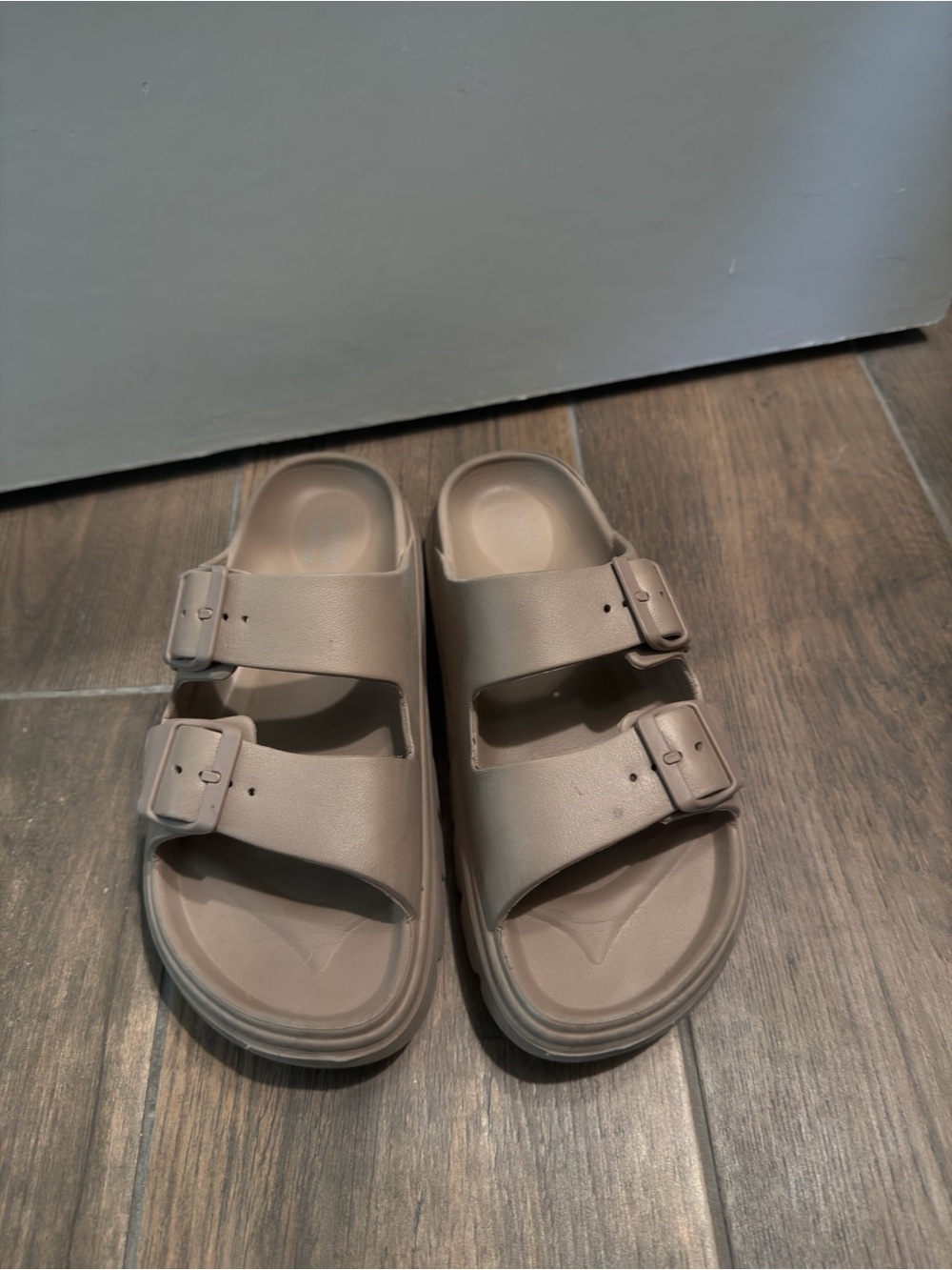Two-strap Slide Sandals in Taupe